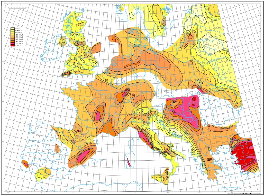 carte, Europe, températures, 5 km profondeur