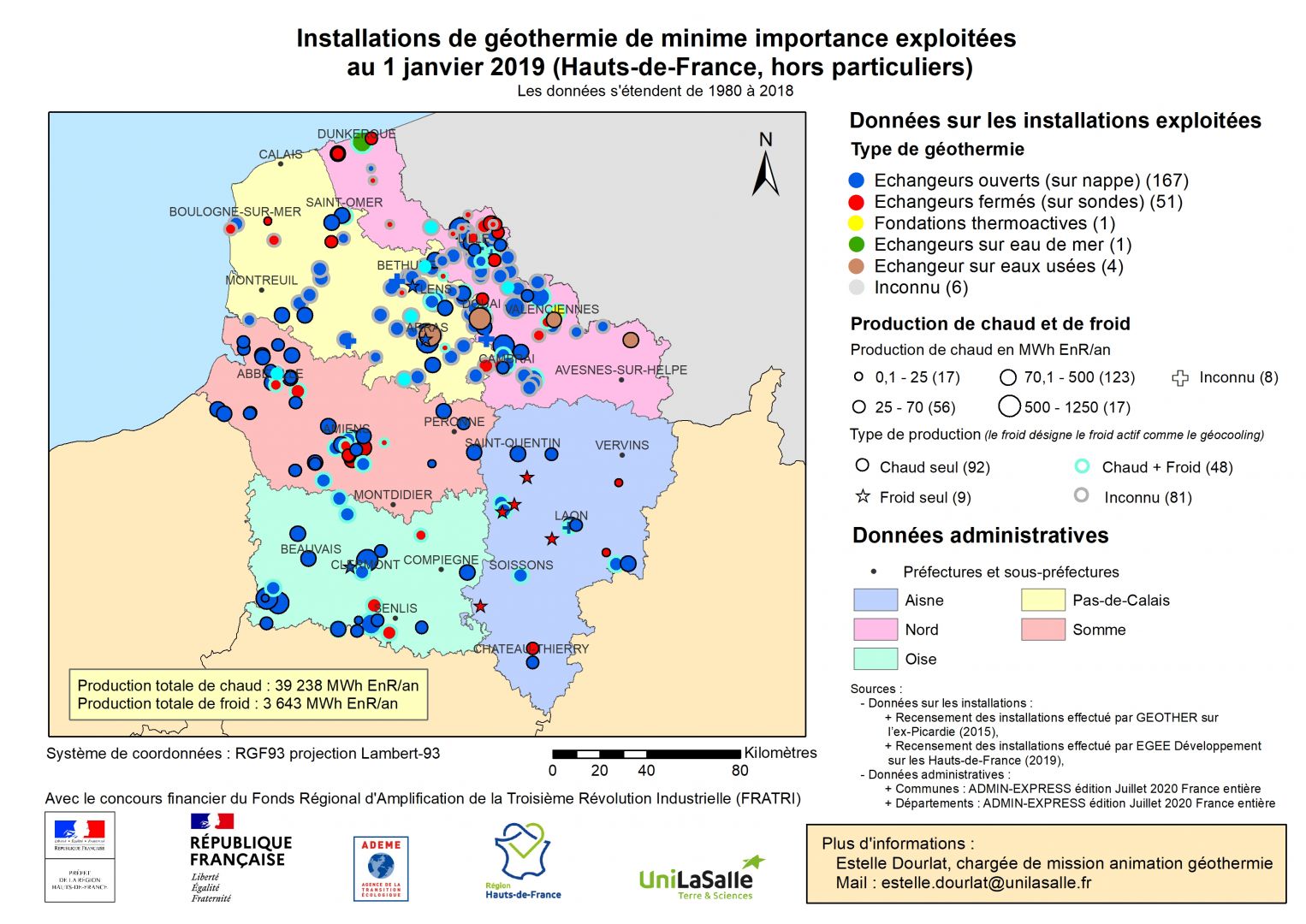 Carte des installations de géothermie de minime importance exploitées au 1 janvier 2019 (Hauts-de-France, hors particuliers)